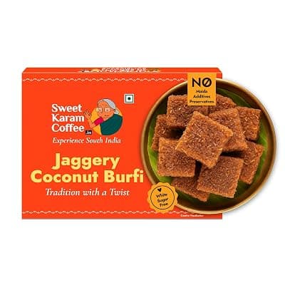 Sweet Karam Coffee Jaggery Coconut Burfi Squares – 150grams | No Refined Sugar or Preservatives | Traditional South Indian Mithai | Made with Natural Jaggery &amp; Coconut | Healthy &amp; Homemade Treat