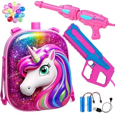 GRAPHENE Holi Pichkari 5800ml Backpack Water Tank Electric Rechargeable Rapid Fire Gun with 1 Extra Battery High Pressure Spray Long Throw Back Pink Summer Pool Party Kids Boy Girl 1Pkt (100 Balloons)