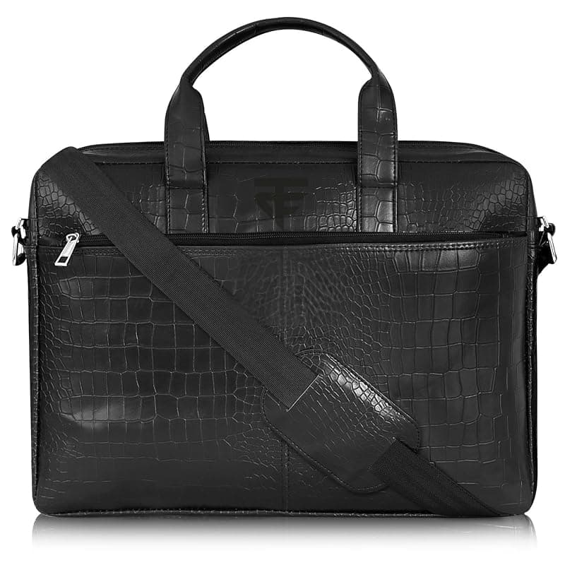 TRUFLO Vegan Leather (PU) Croco‑Texture Laptop Briefcase | Fits up to 15.6-inch Laptop | Slim Office & Travel Bag | Black Croco