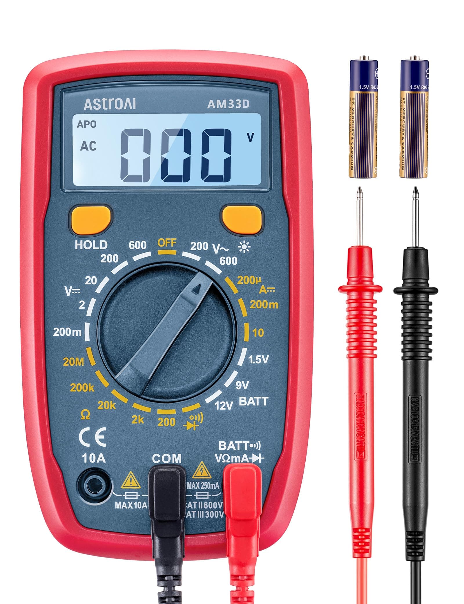 ASTROAI Digital Multimeter, 2000 Counts Multimeter with DC AC Voltmeter and Ohm Volt Amp Tester, Measures Voltage, Current, Resistance; Tests Live Wire, Continuity (Red)