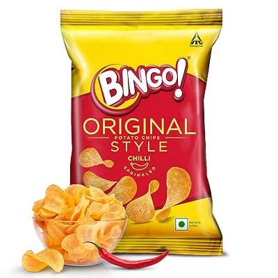 Bingo! Original Style Chilli Sprinkled - Flat Cut Spicy Potato Chips Pack for Snacks, 90g/85gram/90.7G(Weight may vary)