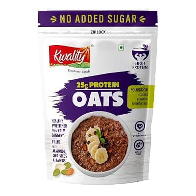 Kwality 25g High Protein Oats 400g | Multigrain Rolled Oats with Whey &amp; Soy Protein | No Refined Sugar | With Almonds, Raisins, Pumpkin &amp; Chia Seeds | High Fiber | Gluten Free | Quick Breakfast for Weight Loss &amp; Fitness
