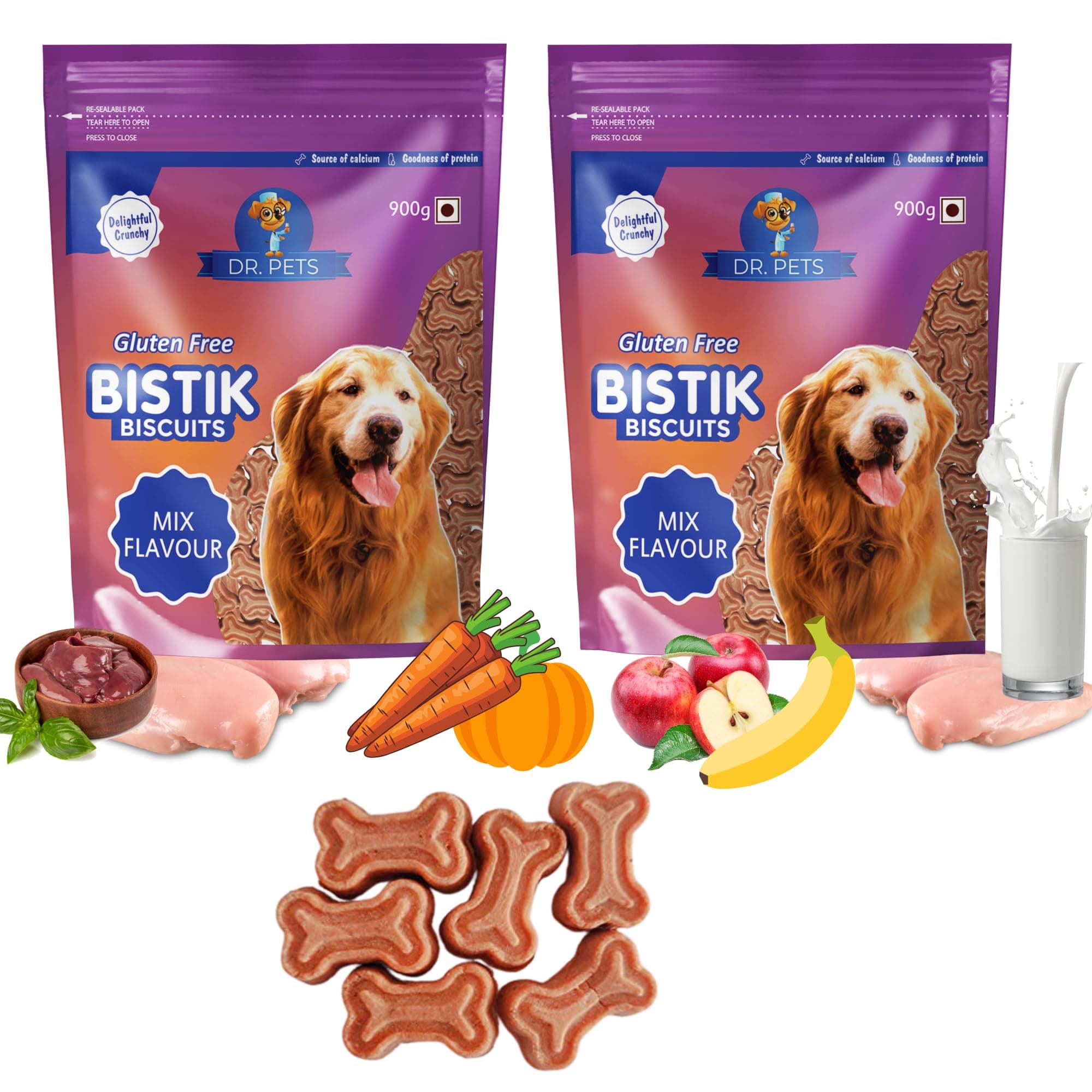 Dr. Pets Pack of 2 (900g Each) Bistik Dog Biscuits Mix Flavour | Gluten Free Dog Treats | Natural Ingredients | Supports Digestion & Bone Health | Crunchy Snacks for Puppies & Adult Dogs