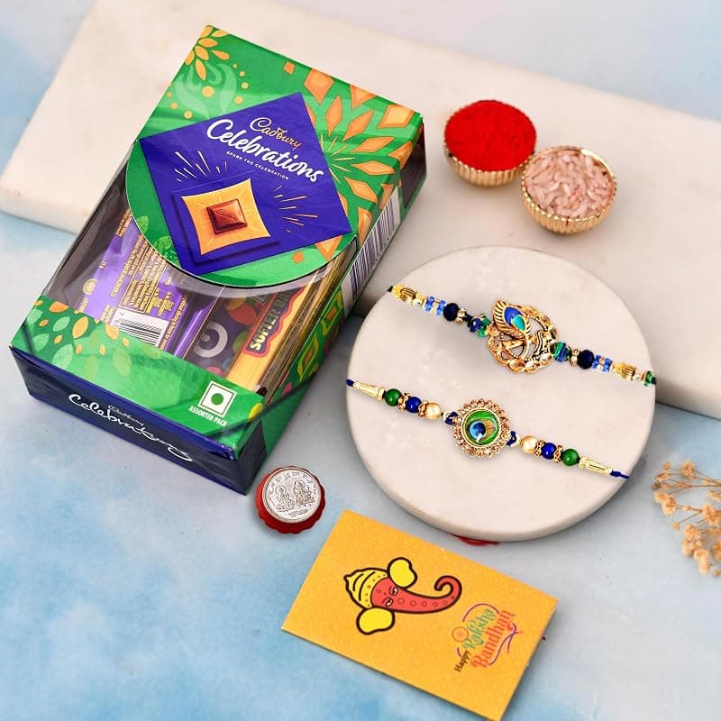 CraftVatika Rakhi Gift for Brother with Chocolate Combo | Designer Rakhi Set of 2 | Pooja Coin | Cadbury Chololate Pack | Rakhi with Gift for Men Boy Bhaiya Bhabhi Girls Kids