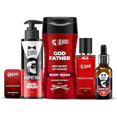 Beardo GodFather Body Wash 200ml, Solid Perfume 10g, Perfume 50ml, Beard Wash 100ml & Beard Oil 30ml | 5-Piece Grooming Set for Men, Ultimate Clean & Fragrance Combo
