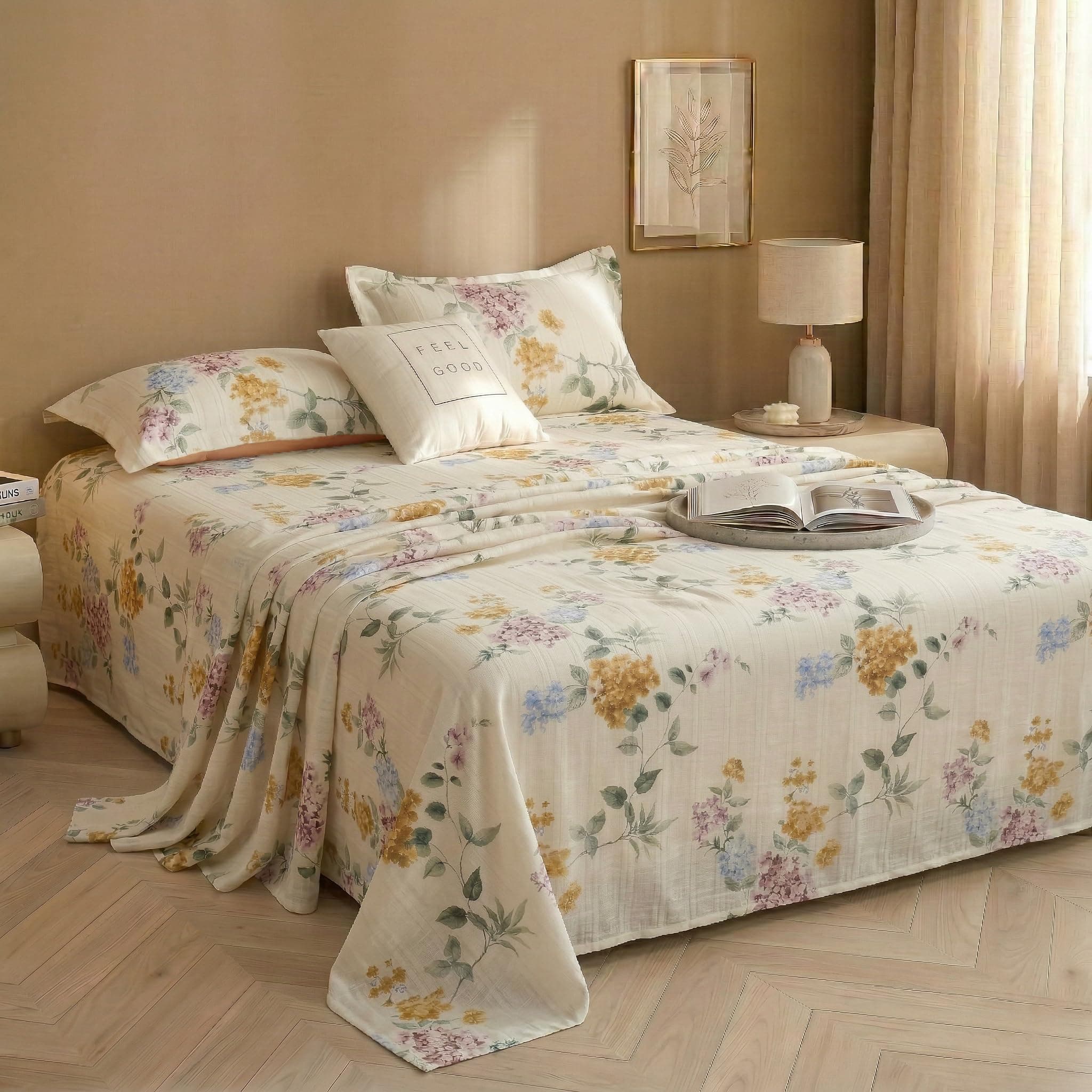 BSB HOME Cloud Cotton King Size bedsheet | Flatsheet Summer Sheet with Two Pillow Covers | Super Soft Bed Sheet for King Size Bed Durable| Floral Design (270 x 250 cm, Off White & Vintage Hydrangea)