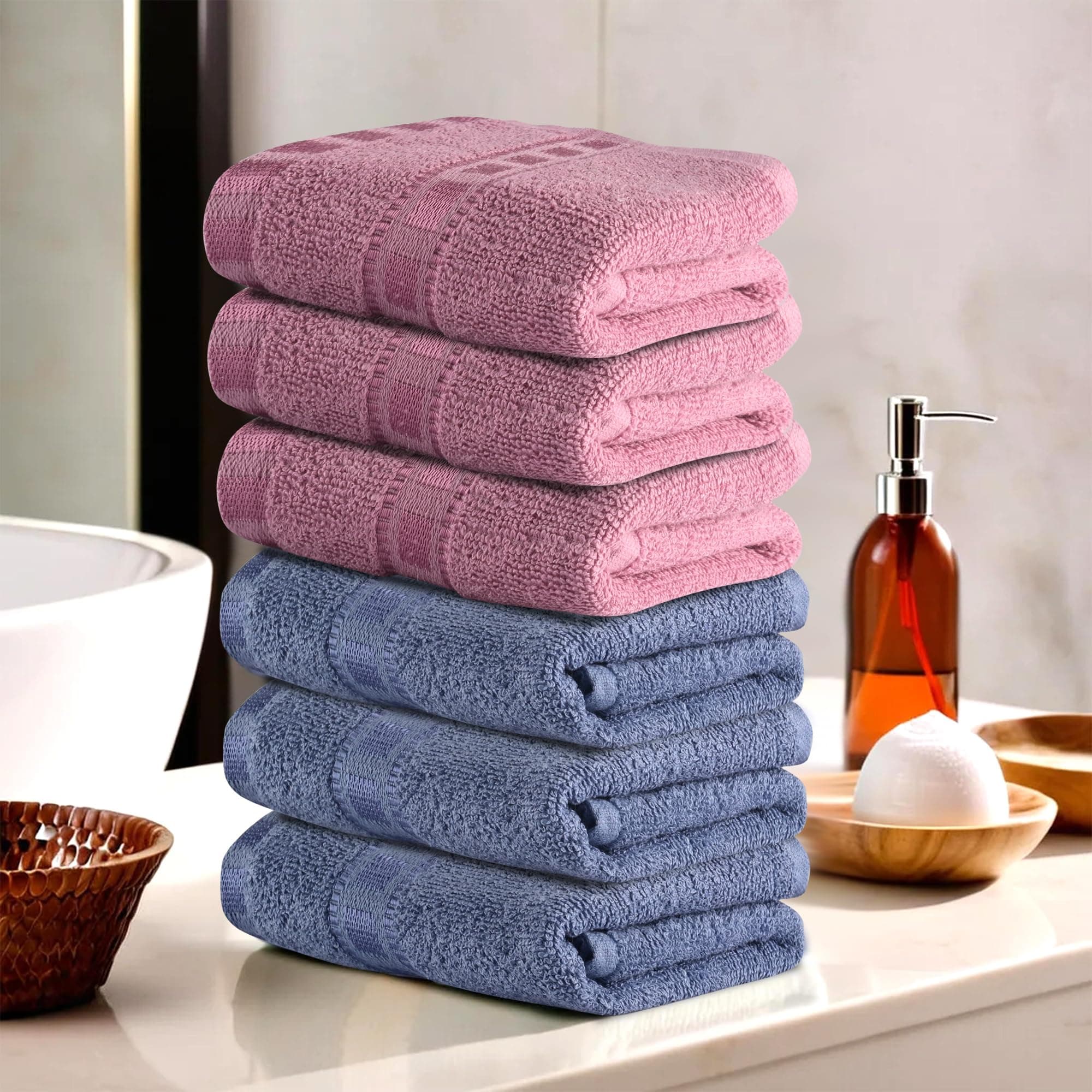 Urbane Home Pack of 6 Cotton Hand/Face Towels for Men & Women | Easily Washable | Workout Gym Napkins for Men | Pocket Towel - Dark Blue & Pink