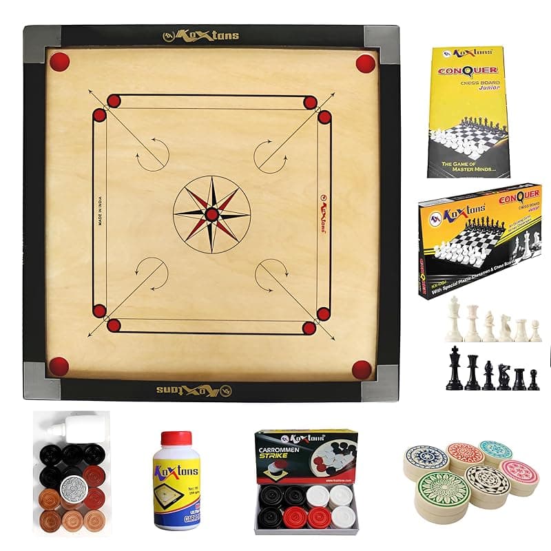 Carrom Board 32 INCH Full Size with 1.5" Border &amp; (Super) with STRICKER &amp; Accessories and Vista 11 INCH Chess Conquer Gift Set