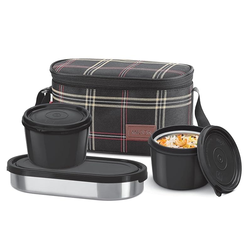 Milton Decker Lunch Box with Insulated Fabric Jacket, 2 Inner Stainless Steel Containers 450 ml Each &amp; 1 Oval Stainless Steel 450 ml, Microwave Safe, Leak-Proof Tiffin for Office, Easy to Carry, Black
