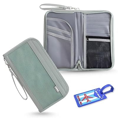 OCEANEVO RFID Blocking Passport Holder for Travel with Luggage Tag, Passport Cover for Men &amp; Women, Passport Pouch for Ticket, Cards, Documents - 25 x 14 x 3 Cm - Green
