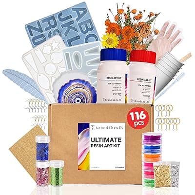 116pcs Ultimate All-in-One Resin Art Kit with 5 Silicone Moulds Dried Flowers Epoxy Raisin Materials for Making Alphabet Pendant Keychain Earrings Bookmarks &amp; 4" Coaster for DIY Beginners