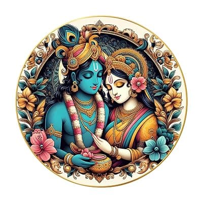 Modern Radha Krishna Wall Painting with Frame - Sparkle Glossy Round Golden Framed Large Painting for Office, Living Room, Bedroom, Home Wall Decoration (Design 03, 40 CM * 40 CM)