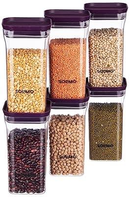 Amazon Brand - Solimo Plastic Storage Jar And Container Set I Air Tight&amp;Bpa Free Containers For Kitchen Storage Set I Grocery Kitchen Container Set I Multipurpose Jar, 1100 Ml Each, Set 6, Purple