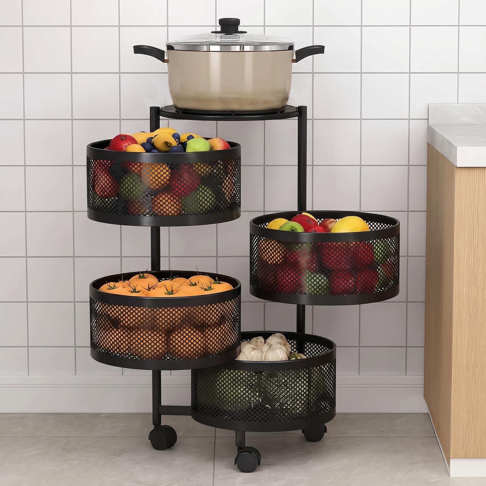 HomeWiz 4-Layer Round Kitchen Trolley | Movable Storage Organizer for Fruits & Vegetables | Perforated Mesh Baskets with Solid Flat Top | Multipurpose Rack for Onion & Potato | Rust-Resistant | Black