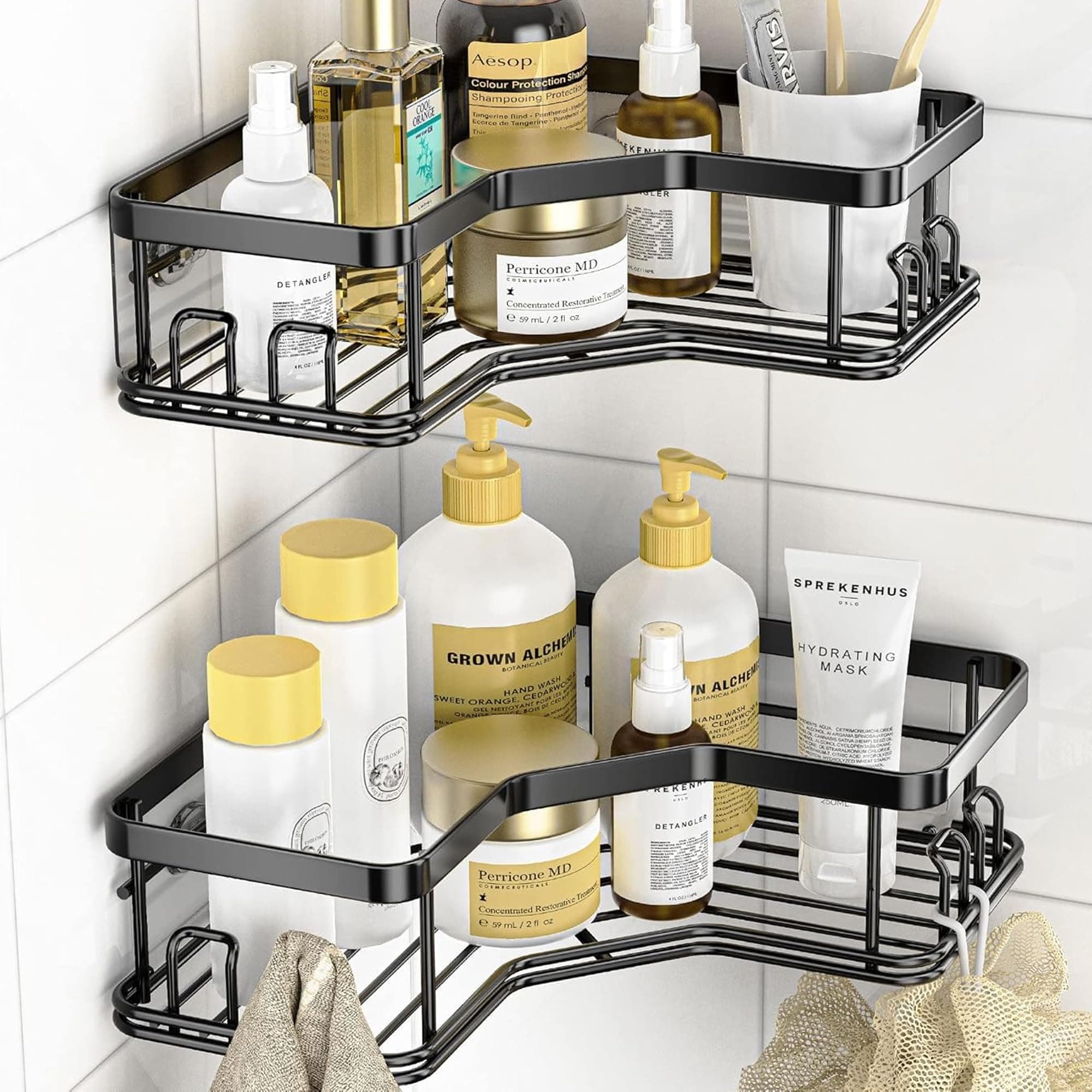 Sulfar Self Adhesive Corner Shelf for Bathroom Adhesive Shelf for Kitchen with Magic Sticker Bathroom Organizer Without Drill (Black) Pack of 2