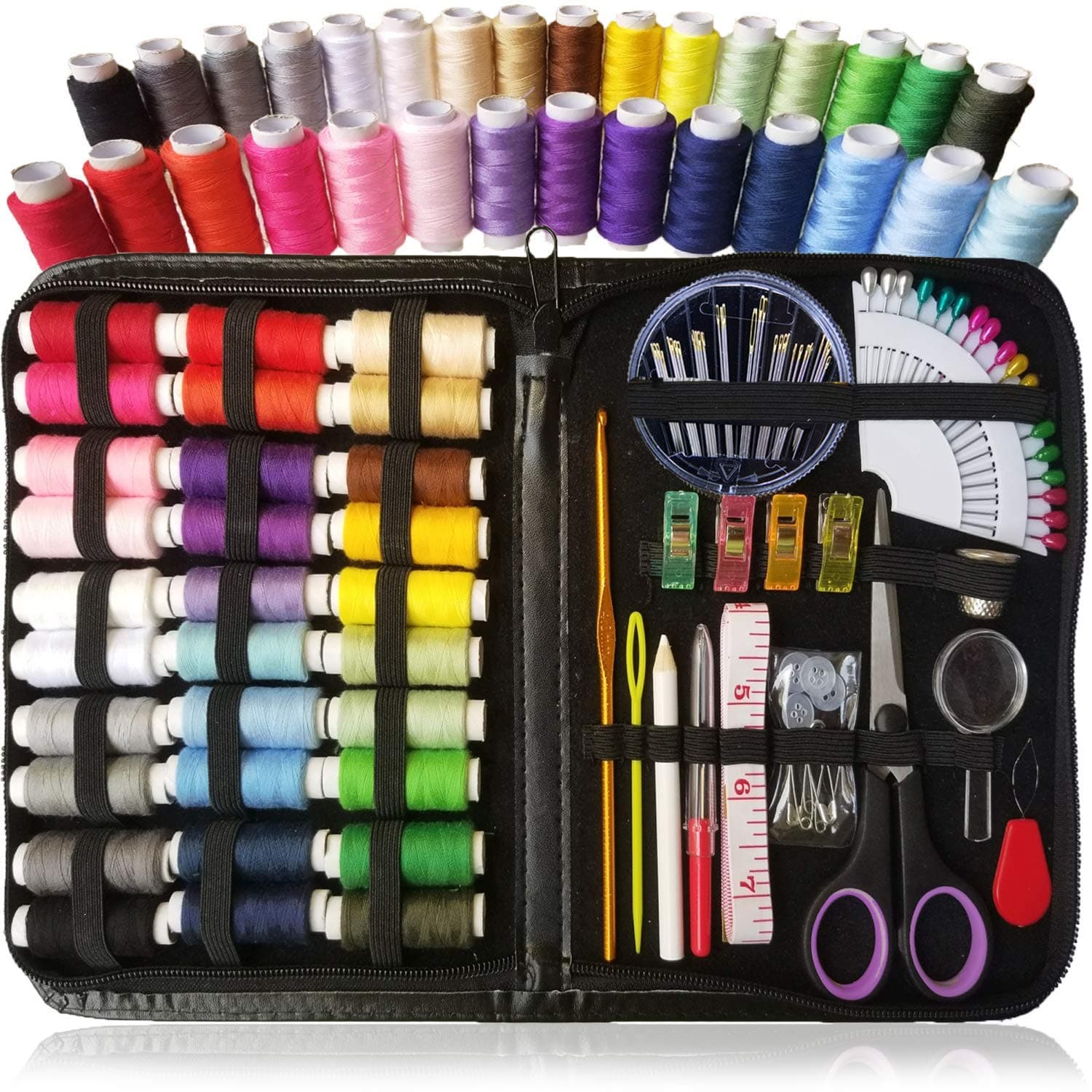 Wolpin 100 PCS Sewing Kit PU Bag | Sewing Stitching Supplies | Accessories 30 Pcs Thread Spools, Scissors, Needles, Portable, Measuring Tape DIY, Adults, Beginners, Emergency, Travel, Home Black