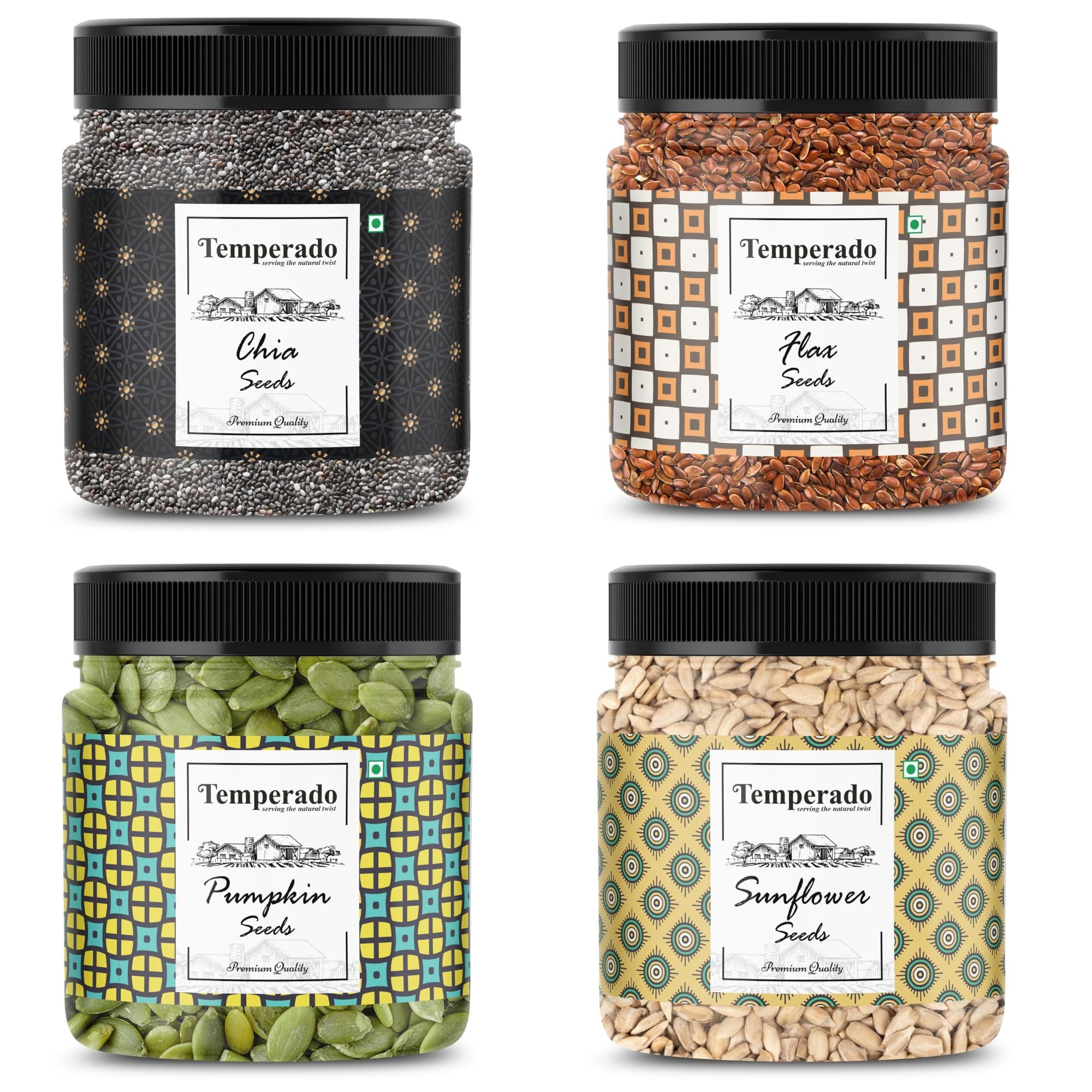 TEMPERADO 4 Seeds Combo Pack Chia Pumpkin Sunflower Flax 250 g x 4 Seeds Mix Raw Super Seeds Blend for Eating Weight Loss Diet Fiber Rich Healthy Snack Daily Nutrition