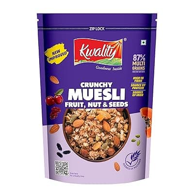 Kwality Muesli – Fruit, Nuts &amp; Seeds Blend, 750 g | 87% Multi grains | High‑Fibre, Protein‑Rich Multigrain Breakfast Cereal with Almonds, Raisins, Cranberries, Pumpkin &amp; Flax Seeds, No Preservatives