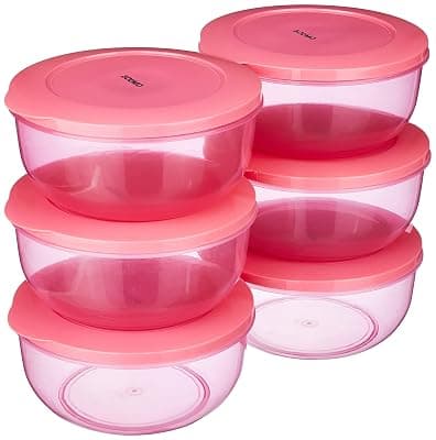 Amazon Brand - Solimo Nestable &amp; Stackable Container Set, Round, 1900 Ml, Set Of 6, Pink - Plastic