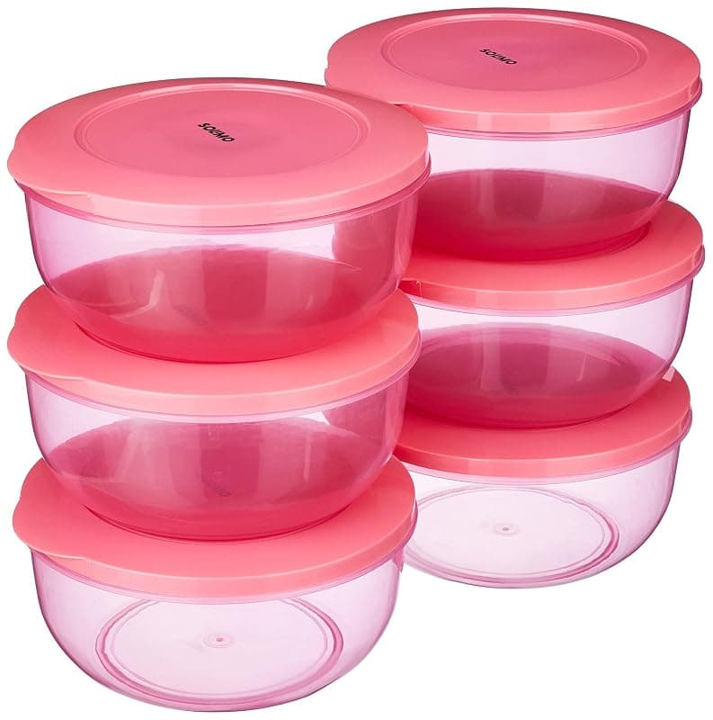 Amazon Brand - Solimo Nestable &amp; Stackable Container Set, Round, 1900 Ml, Set Of 6, Pink - Plastic