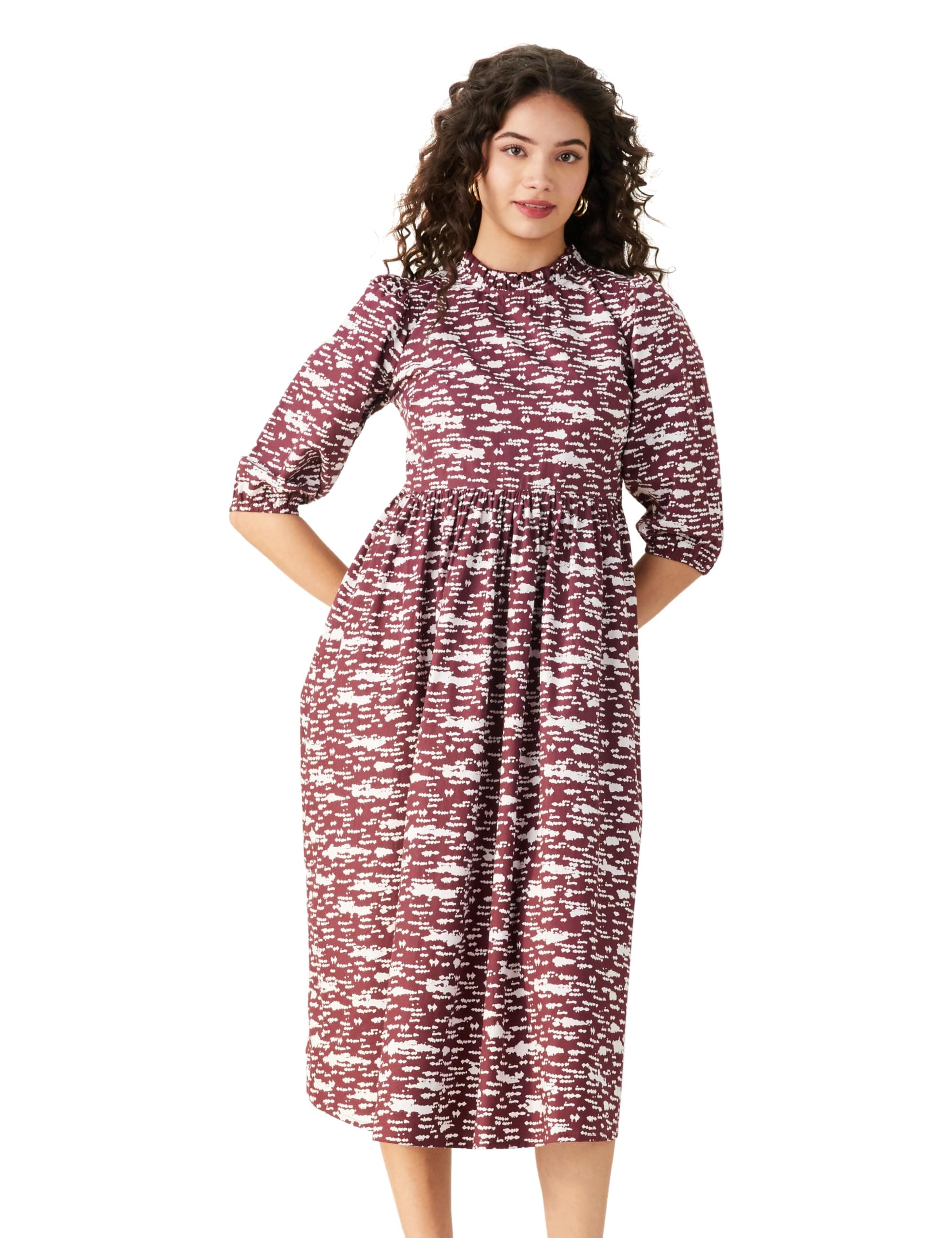 Amazon Brand - Symbol Women's Rayon Fit and Flare One Piece Midi Length Dress (Available in Plus Sizes)