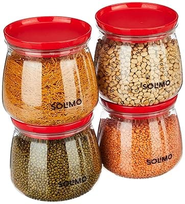Amazon Brand - Solimo Plastic Storage Jar and Container Set I Air Tight &amp; BPA Free Containers for Kitchen Storage Set I Grocery Kitchen Container Set I Multipurpose Jar, 800 Ml Each, Set 4, Red