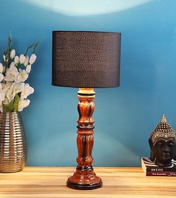 tu casa Black Cotton Shade with Brown Mango Wood Base Table Lamp Stylish Elegant Bedside & Desk Lamp for Bedroom Living Room Office Home Décor & Gifting (Height : 21 Inch/No Blub Included)
