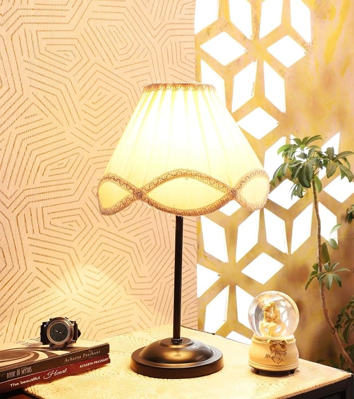tu casa Decorative Table Lamp for Bedroom & Living Room | Black Metal Base with Off-White Cotton Fabric Shade | Bedside Night Lamp for Home Décor & Gifting