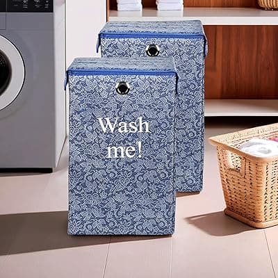 Urbane Home (Pack of 2) Clothes Basket | 75 LTR | Toy Storage Box with Ring | Velcro Lid | Clothes Dress Bin | Flower Print | Foldable Laundry Basket | Washing Cloth Basket | Navy Blue
