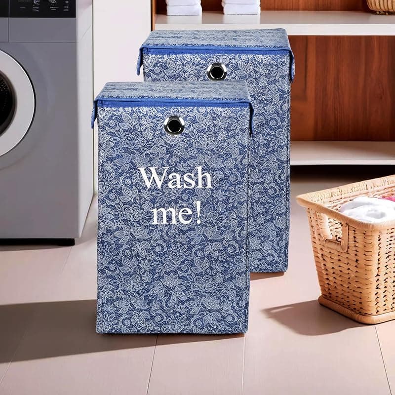 Urbane Home (Pack of 2) Clothes Basket | 75 LTR | Toy Storage Box with Ring | Velcro Lid | Clothes Dress Bin | Flower Print | Foldable Laundry Basket | Washing Cloth Basket | Navy Blue