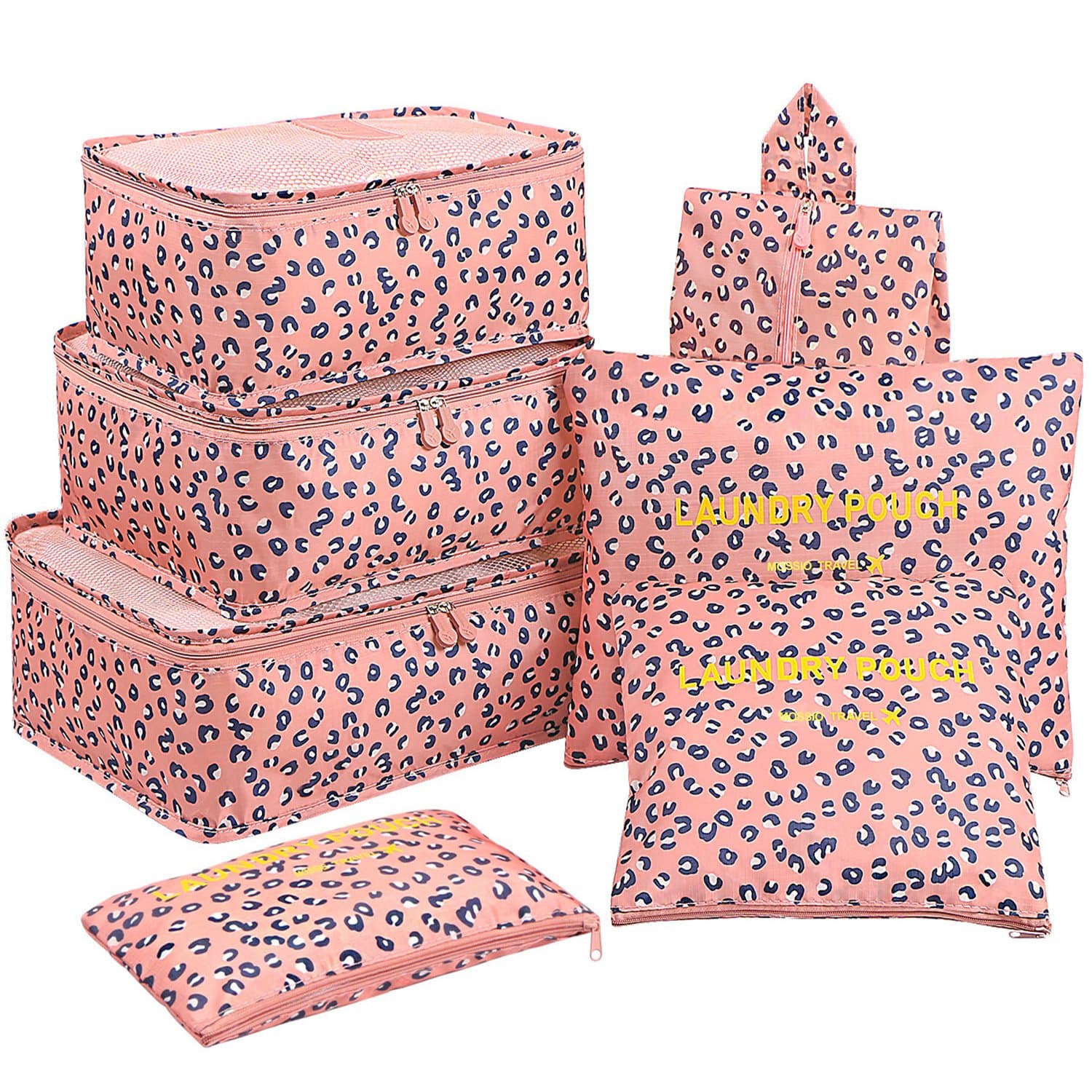 Mossio Nylon Luggage Cubes, 7 Pack Lightweight Toiletry Organizer Space Saver Travel Accessories Pink Leopard , 30 cm , 11.94 cm
