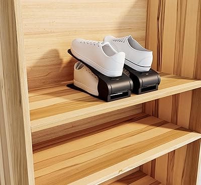 NYALKARAN Adjustable Shoe Organizer Rack Space Saver Double Deck Shoe Shelf, Plastic Slots Holder for Closet Storage and Organization (Black, Pack of 2)