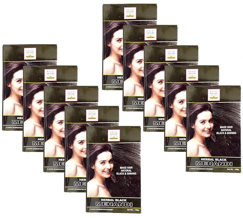 Khadi Mauri Black Herbal Mehndi,Pack of 10, 100 Grams each(Total 1000 Grams)