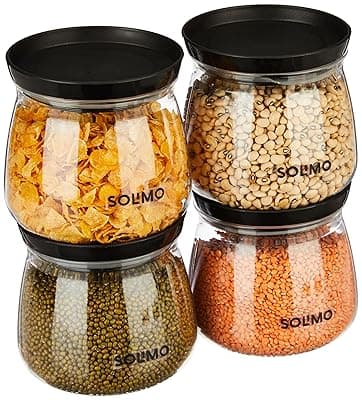 Amazon Solimo Plastic Storage Jar and Container Set I Air Tight &amp; BPA Free Containers for Kitchen Storage Set I Grocery Kitchen Container Set I Multipurpose Jar | 800 Ml Each | Set 4 | Black