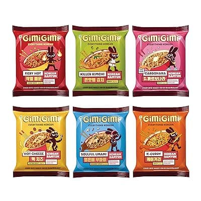 GIMI GIMI - Weely combo of pack of Fiery Hot, Killer Kimchi, K-curry, Hot Cheese, Carbonara, and Soulful Umami | Veg Korean Noodles | Authentic Korean-Style Instant Noodles
