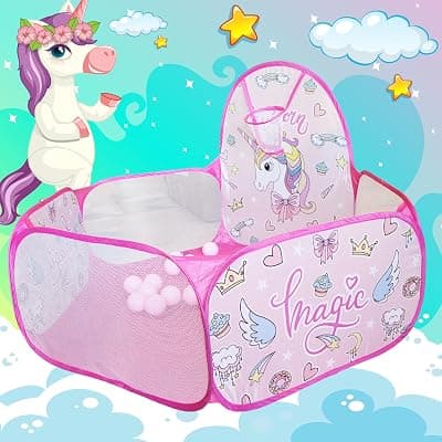 ToyMagic Unicorn Theme Foldable Ball Pit,Pop Up Children Play Tent with 30 Balls| Portable Toys Safe for Kids |Foldable Play Tent Indoor Outdoor Toys|Ball Pool for 1-5 Years Kids,Multicolor