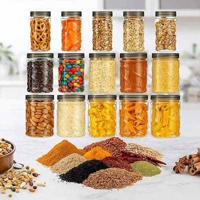 Amazon Brand - Solimo 18-Piece Airtight Food Storage Container Set | Stackable BPA-Free Plastic Jars with Black Caps (280ml, 500ml, 1000ml) for Kitchen Organizer