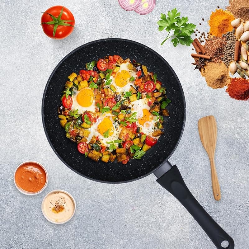 SOLARA Non Stick Frying Pan 24cm, Granite Omlette Egg Pan, Induction&amp;Gas Fry Pan, Fish Pan, Frying pan Non Stick, PFOA Free, Dishwasher Safe Frying pan - Black