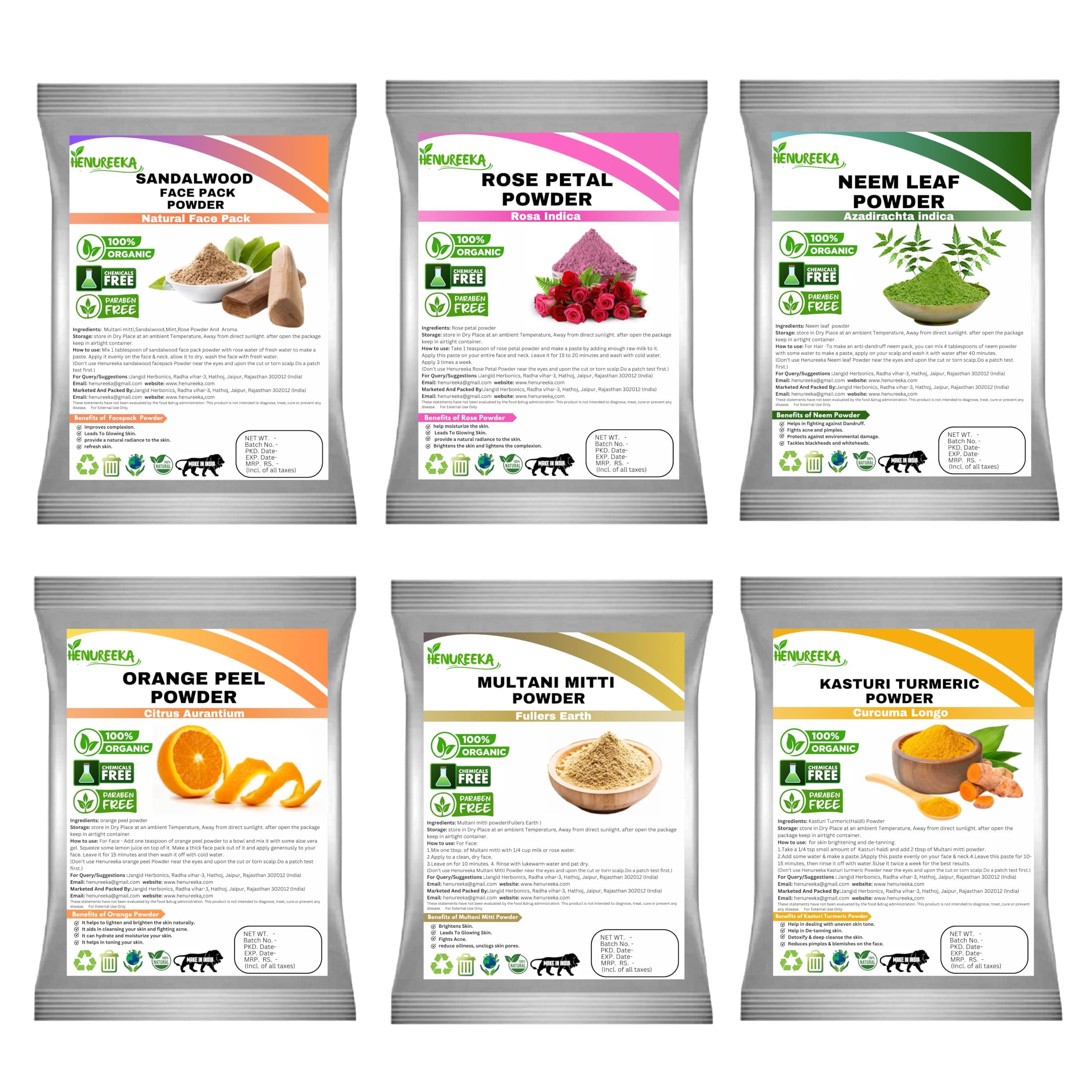 Henureeka Organic Face Pack Powder Combo Of Sandalwood (chandan), Rose Petal,Multani Mitti, Orange Peel, Neem Leaf And Kasturi Turmeric Powder for Face and Skin Care (50gm Each Packet)300gm