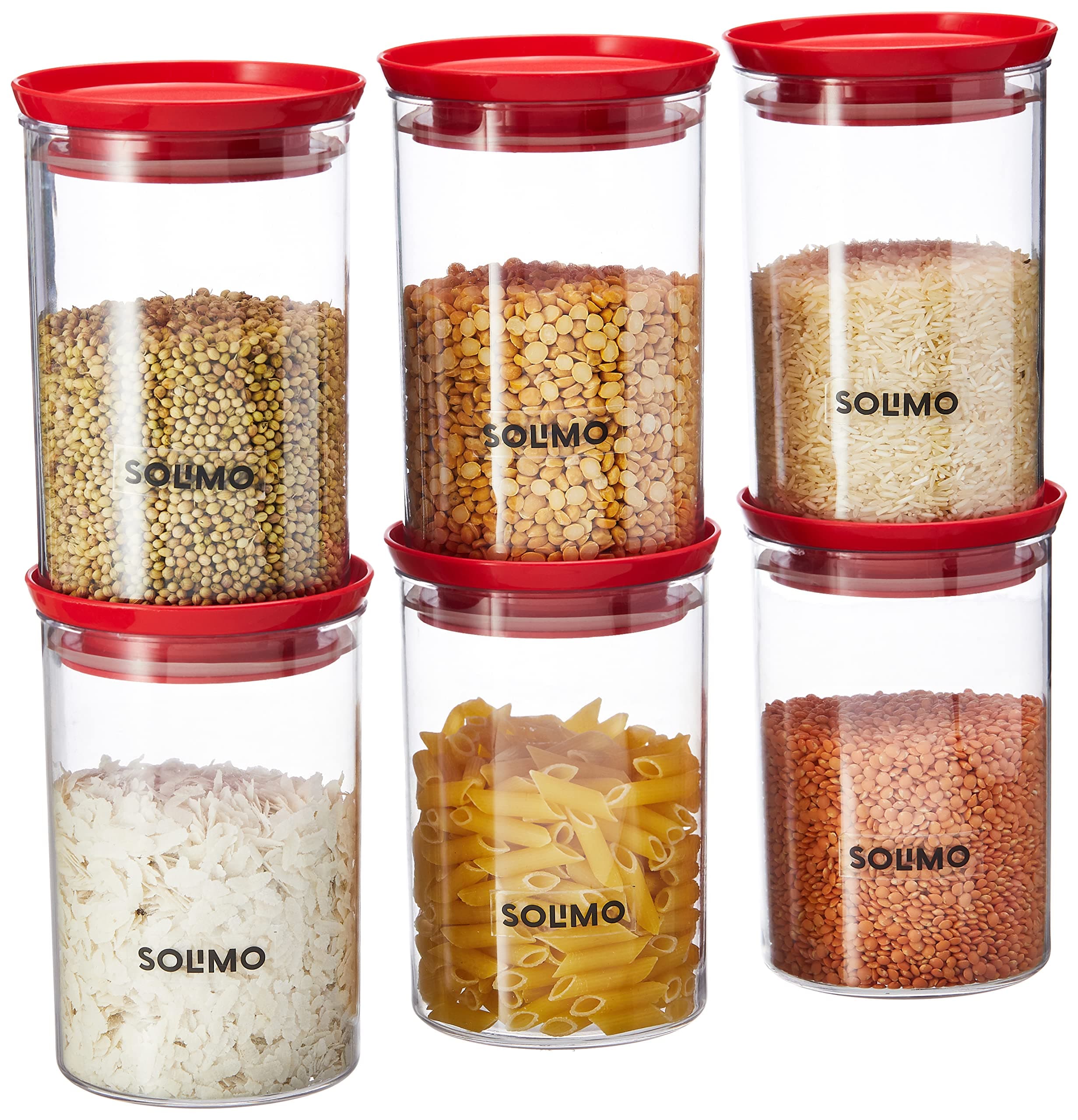 Amazon Brand - Solimo Plastic Storage Jar and Container Set I Air Tight & BPA Free Containers For Kitchen Storage Set I Grocery Kitchen Container Set I Multipurpose Jar, 900 Ml Each, Set 6, Red