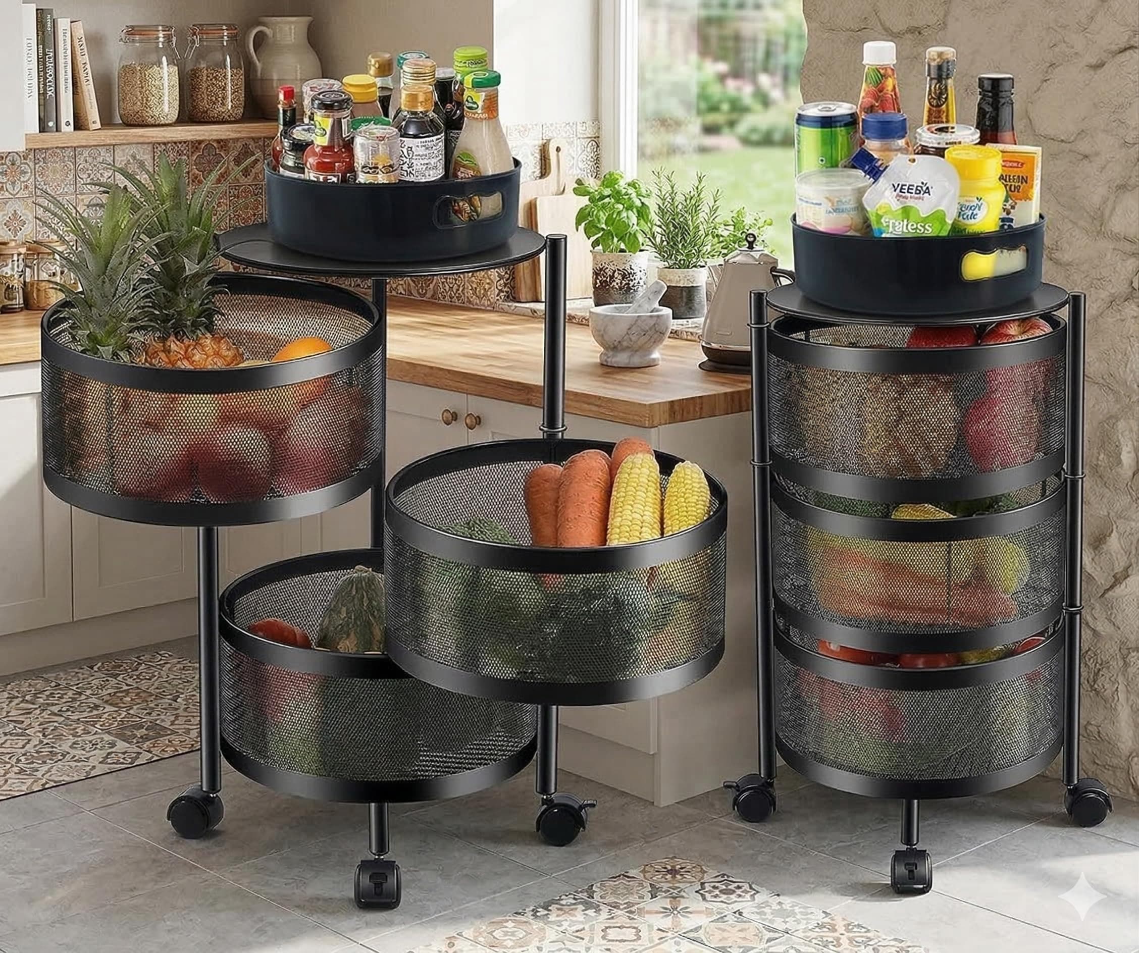 HomeWiz 3-Layer Round Kitchen Trolley | Movable Storage Organizer for Fruits & Vegetables | Perforated Mesh Baskets with Solid Flat Top | Multipurpose Rack for Onion & Potato | Rust-Resistant | Black