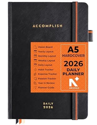 NEORAH —A5 DATED DAILY Planner 2026 ACCOMPLISH-512 Pages of Yearly•12 Month•52 Week+Hourly•365 Daily Journal Pages•Budget•Habit Tracker-Office Diary - Hardcover[Pen Loop Attachable](BLACK ONYX)