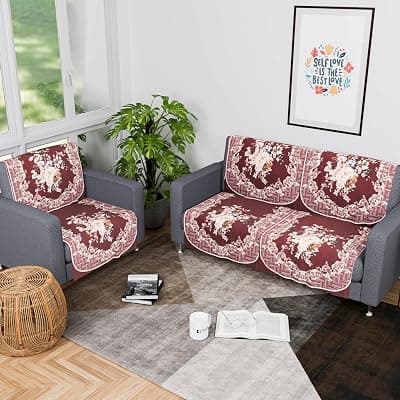 Kuber Industries (Set of 6) Stylish &amp; Durable Velvet Sofa Covers 2+1 Seater | Washable Sofa Protector/Mat &amp; Slipcover for Living Room &amp; Office | Check Border - Maroon
