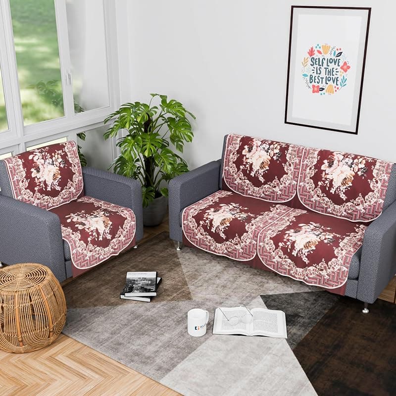 Kuber Industries (Set of 6) Stylish &amp; Durable Velvet Sofa Covers 2+1 Seater | Washable Sofa Protector/Mat &amp; Slipcover for Living Room &amp; Office | Check Border - Maroon