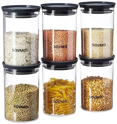 Amazon Brand - Solimo Plastic Storage Jar and Container Set I Air Tight &amp; BPA Free Containers For Kitchen Storage Set I Grocery Kitchen Container Set I Multipurpose Jar, 900 Ml Each, Set 6, Grey