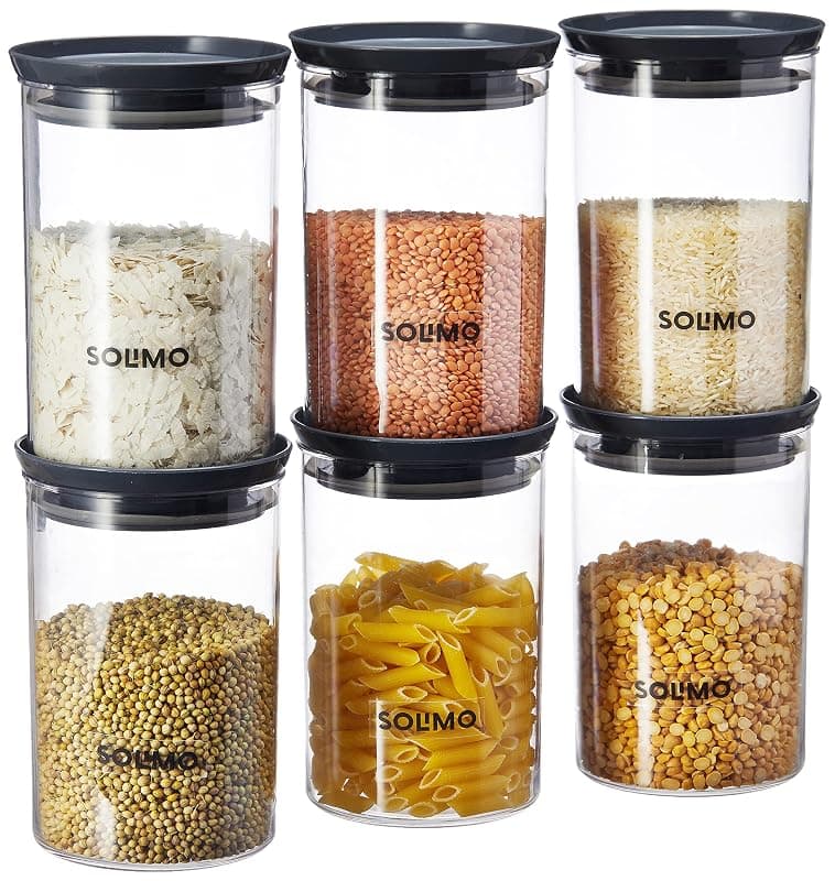 Amazon Brand - Solimo Plastic Storage Jar and Container Set I Air Tight &amp; BPA Free Containers For Kitchen Storage Set I Grocery Kitchen Container Set I Multipurpose Jar, 900 Ml Each, Set 6, Grey