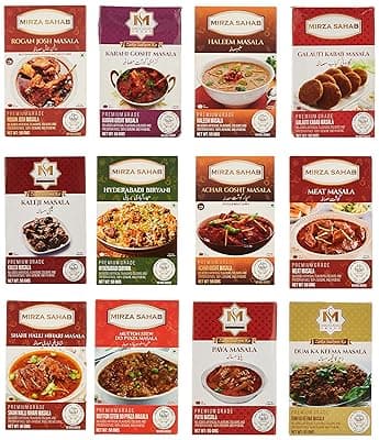 Mirza Sahab Aalishan Mutton Spices Kit • Nalli Nihari • Paya • Meat • Rogan Josh • Mutton Stew Do Pyaaza • Kaleji • Galauti Kabab • Karahi Gosht • Dum ka Keema • Hyderabadi Biryani • Haleem • Achar Gosht, Variety Pack, 21.16 oz ℮ 600 g