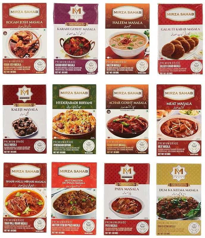 Mirza Sahab Aalishan Mutton Spices Kit • Nalli Nihari • Paya • Meat • Rogan Josh • Mutton Stew Do Pyaaza • Kaleji • Galauti Kabab • Karahi Gosht • Dum ka Keema • Hyderabadi Biryani • Haleem • Achar Gosht, Variety Pack, 21.16 oz ℮ 600 g