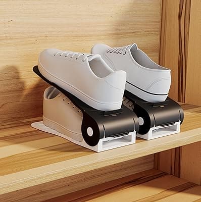 NYALKARAN Adjustable Shoe Organizer Rack Space Saver Double Deck Shoe Shelf, Plastic Slots Holder for Closet Storage and Organization (BLACK &amp; WHITE, PACK OF 2)