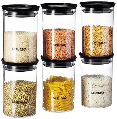 Amazon Brand - Solimo Plastic Storage Jar and Container Set I Air Tight &amp; BPA Free Containers For Kitchen Storage Set I Grocery Kitchen Container Set I Multipurpose Jar, 900 Ml Each, Set 6, Black